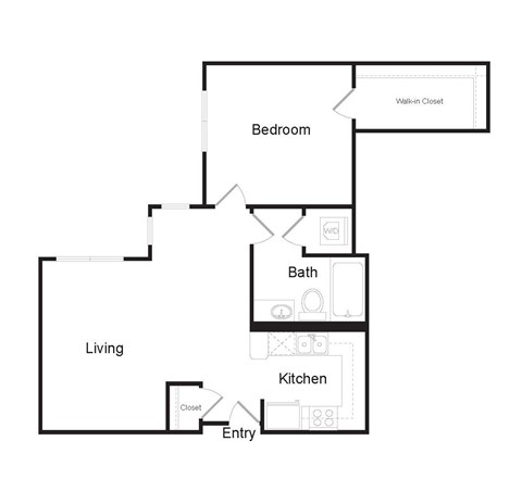 A floor plan of a home with a living room, kitchen, bedroom, bathroom and walk-in closet.